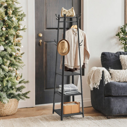 Industrial Coat Rack Stand with 3-Tier Shelves, Hanging Rods & Hooks for Jackets, Bags, Entryway Storage, Free-Standing Steel Frame, Charcoal Gray