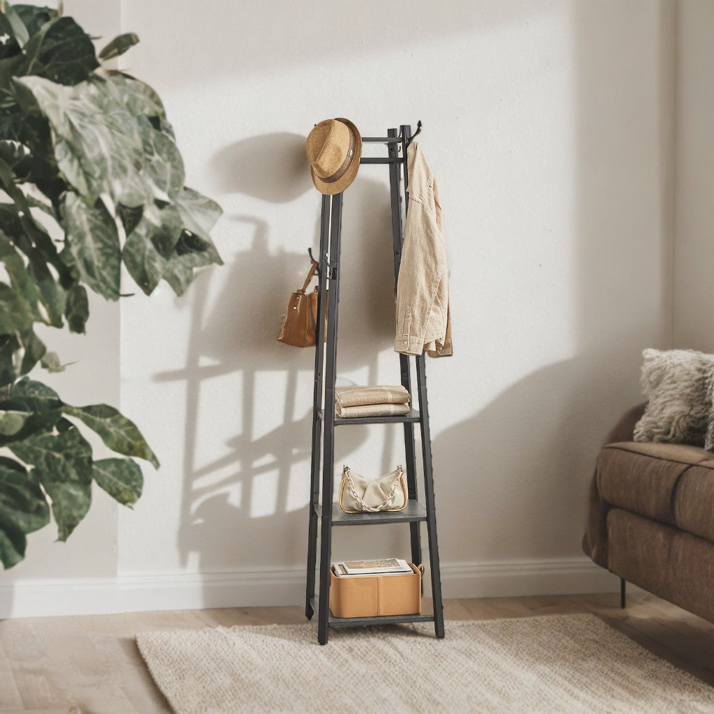 Industrial Coat Rack Stand with 3-Tier Shelves, Hanging Rods & Hooks for Jackets, Bags, Entryway Storage, Free-Standing Steel Frame, Charcoal Gray