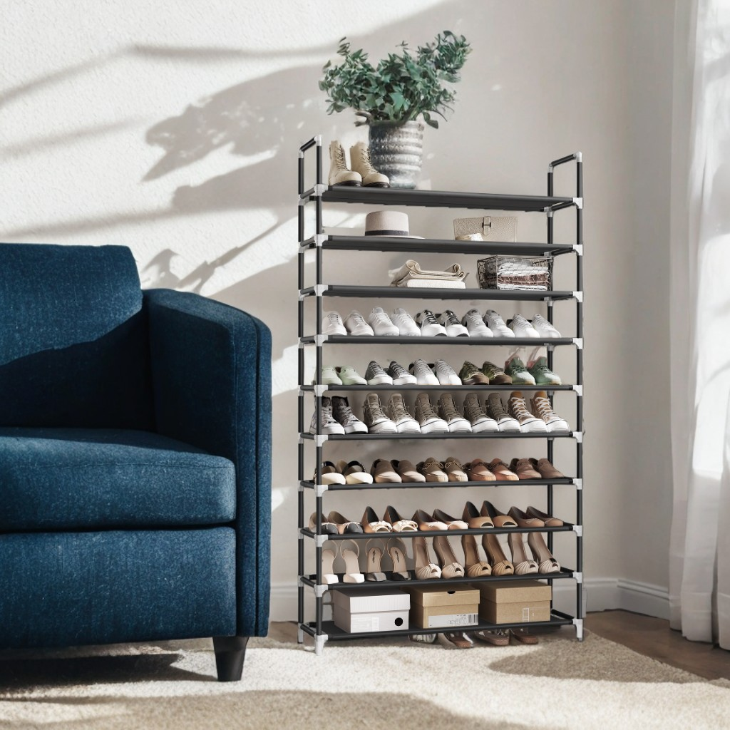 10-Tier Slim Shoe Rack for Entryway & Closet, Metal Frame with Non-Woven Shelves, Holds 40-50 Pairs, Space-Saving Design, Easy Assembly, Black