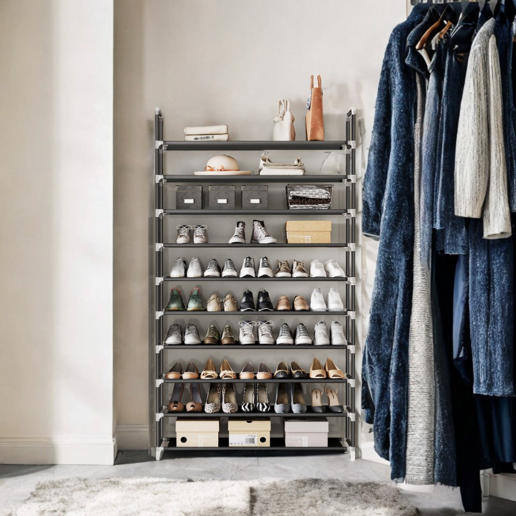 10-Tier Slim Shoe Rack for Entryway & Closet, Metal Frame with Non-Woven Shelves, Holds 40-50 Pairs, Space-Saving Design, Easy Assembly, Black
