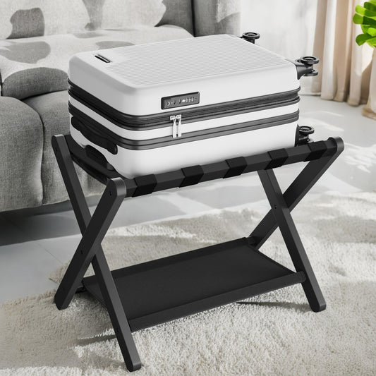 Folding Luggage Rack with Storage Shelf, Heavy-Duty Bamboo Frame & Nylon Straps, Holds 131 lb, for Hotel,Bedroom,Guest Room, Space-Saving Design, Classic Black