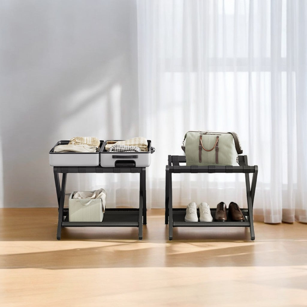 Folding Luggage Rack with Storage Shelf, Heavy-Duty Bamboo Frame & Nylon Straps, Holds 131 lb, for Hotel,Bedroom,Guest Room, Space-Saving Design, Classic Black