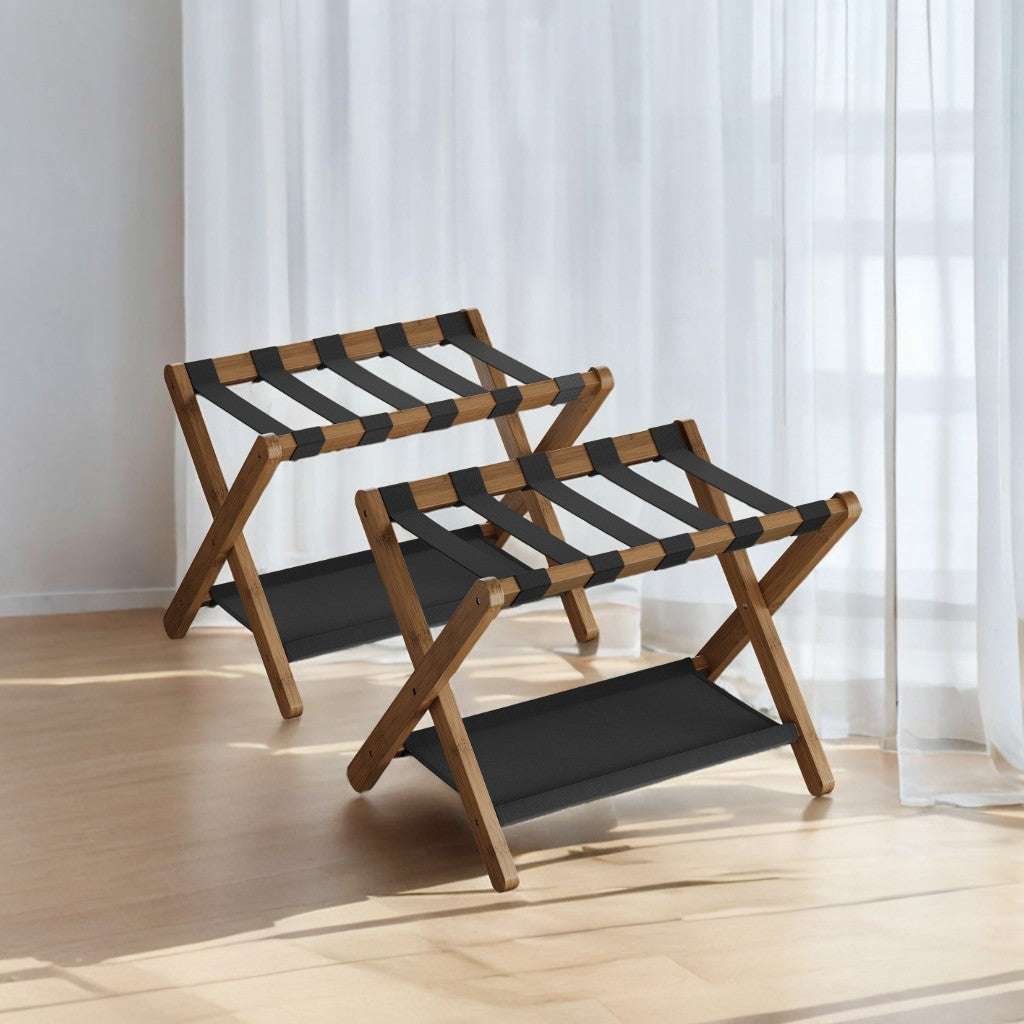 Folding Luggage Rack Set of 2, Heavy-Duty Suitcase Stand with Storage Shelf, Supports 131 lb, Space-Saving Design for Hotel, Bedroom & Guest Room, Walnut Brown