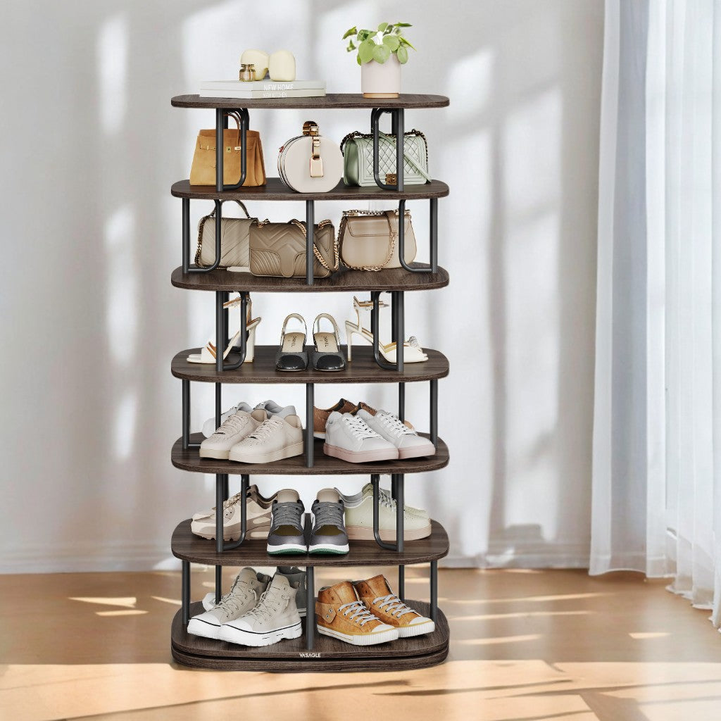 360° Rotating Shoe Rack – 5-Tier Freestanding Storage Organizer for 28+ Pairs, Entryway，Closet, Sturdy Steel & Particleboard, Ash Brown