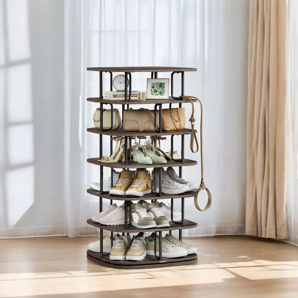 360° Rotating Shoe Rack – 5-Tier Freestanding Storage Organizer for 28+ Pairs, Entryway，Closet, Sturdy Steel & Particleboard, Ash Brown