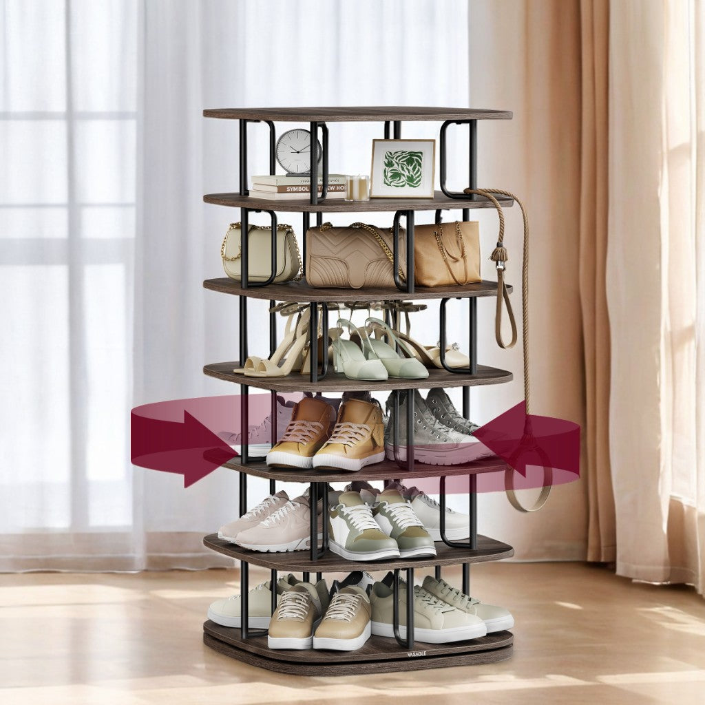 360° Rotating Shoe Rack – 5-Tier Freestanding Storage Organizer for 28+ Pairs, Entryway，Closet, Sturdy Steel & Particleboard, Ash Brown