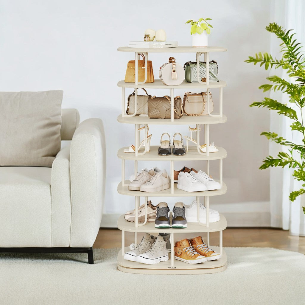 7-Tier Rotating Shoe Rack – 360° Spinning, Holds 28-35 Pairs, Entryway，Closet Organizer, Freestanding, Cream White