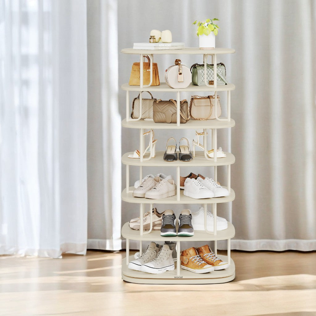 7-Tier Rotating Shoe Rack – 360° Spinning, Holds 28-35 Pairs, Entryway，Closet Organizer, Freestanding, Cream White