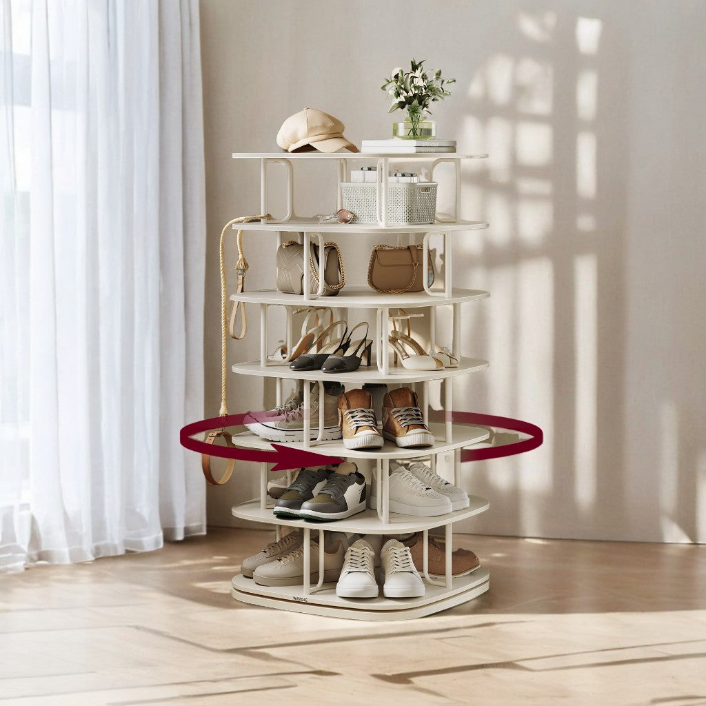 7-Tier Rotating Shoe Rack – 360° Spinning, Holds 28-35 Pairs, Entryway，Closet Organizer, Freestanding, Cream White