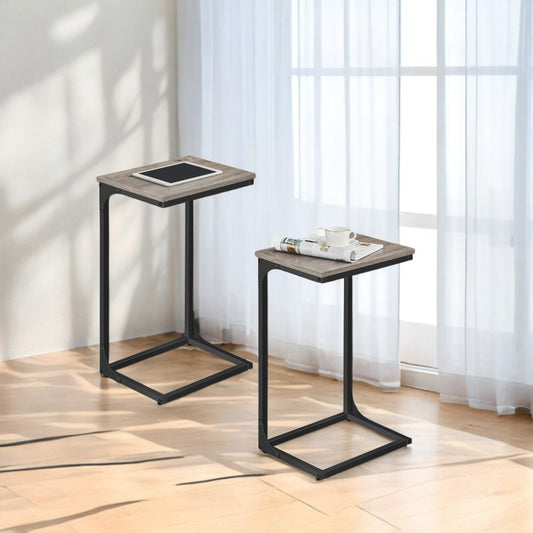 C-Shaped End Table Set of 2 - Sofa Side Tables with Metal Frame, Space-Saving Design, Greige and Black