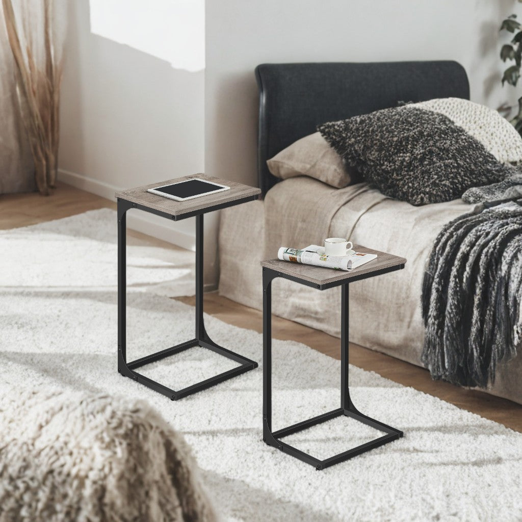 C-Shaped End Table Set of 2 - Sofa Side Tables with Metal Frame, Space-Saving Design, Greige and Black