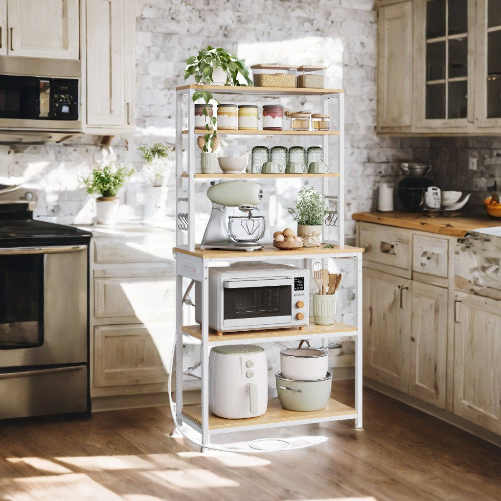 31.5" Kitchen Baker's Rack with 4 Outlets, 6-Tier Adjustable Shelves & Hooks, Space-Saving Microwave Stand, Golden Oak and White