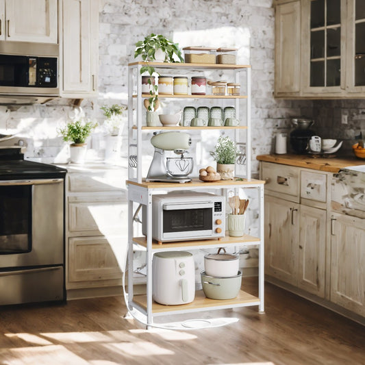 31.5" Kitchen Baker's Rack with 4 Outlets, 6-Tier Adjustable Shelves & Hooks, Space-Saving Microwave Stand, Golden Oak and White