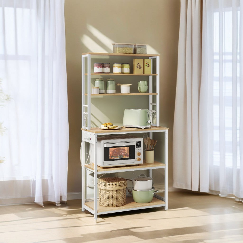 31.5" Kitchen Baker's Rack with 4 Outlets, 6-Tier Adjustable Shelves & Hooks, Space-Saving Microwave Stand, Golden Oak and White