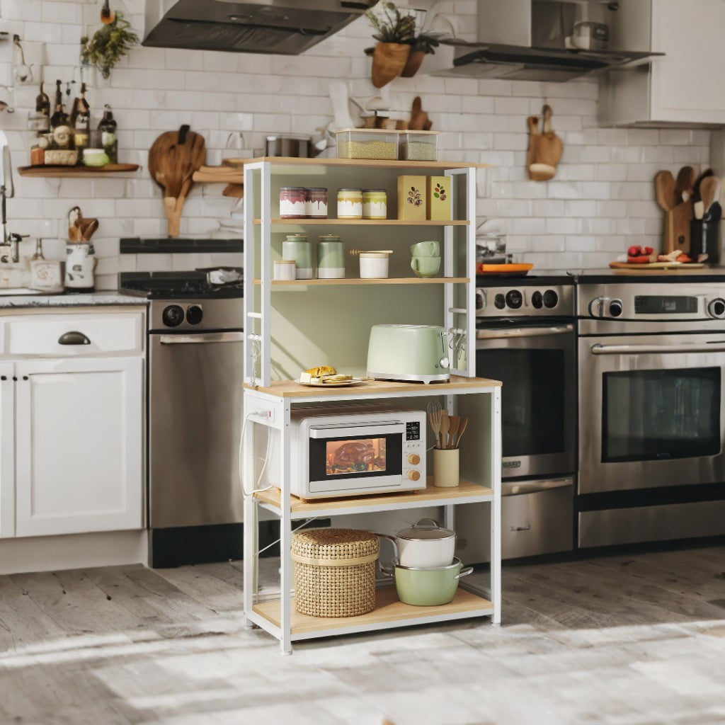 31.5" Kitchen Baker's Rack with 4 Outlets, 6-Tier Adjustable Shelves & Hooks, Space-Saving Microwave Stand, Golden Oak and White