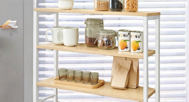 31.5" Kitchen Baker's Rack with 4 Outlets, 6-Tier Adjustable Shelves & Hooks, Space-Saving Microwave Stand, Golden Oak and White