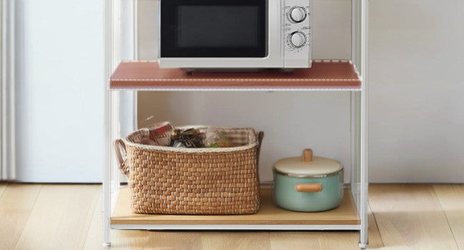 31.5" Kitchen Baker's Rack with 4 Outlets, 6-Tier Adjustable Shelves & Hooks, Space-Saving Microwave Stand, Golden Oak and White