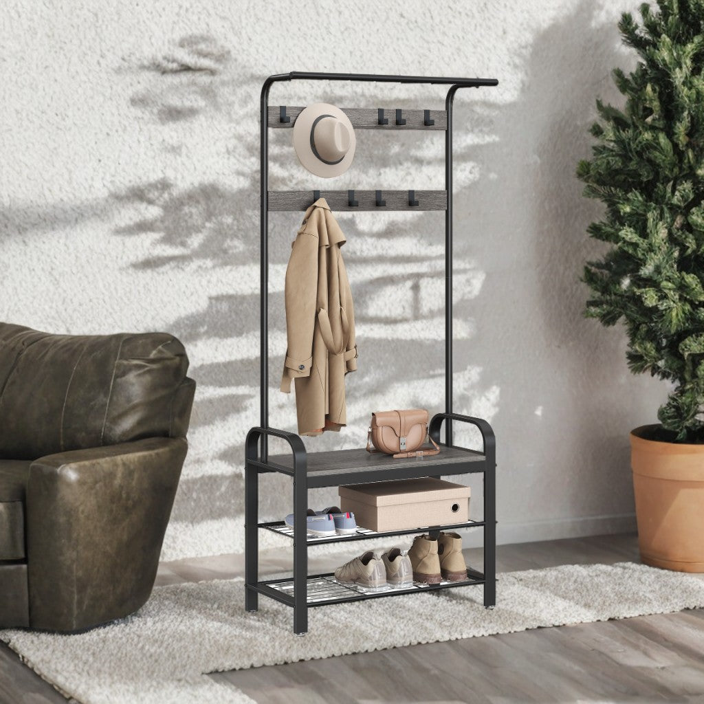4-in-1 Entryway Hall Tree with Shoe Bench, 9 Hooks, Hanging Rod, Heavy-Duty Coat Rack for Entry Storage, Charcoal Gray and Black