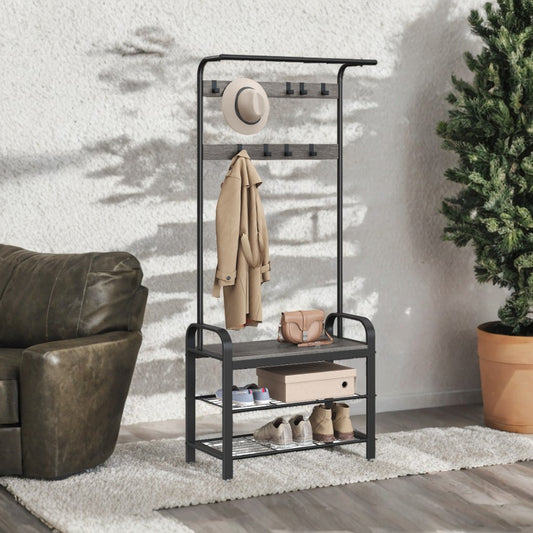 4-in-1 Entryway Hall Tree with Shoe Bench, 9 Hooks, Hanging Rod, Heavy-Duty Coat Rack for Entry Storage, Charcoal Gray and Black
