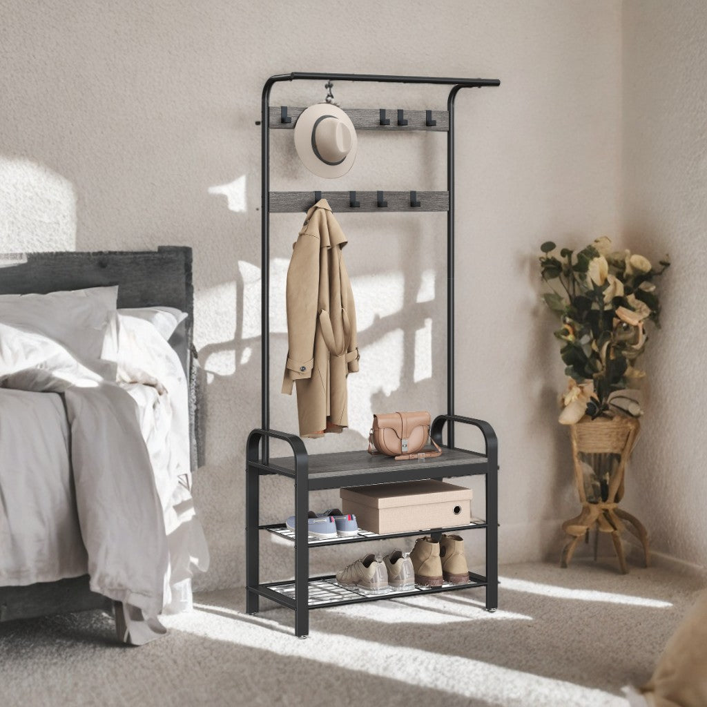 4-in-1 Entryway Hall Tree with Shoe Bench, 9 Hooks, Hanging Rod, Heavy-Duty Coat Rack for Entry Storage, Charcoal Gray and Black