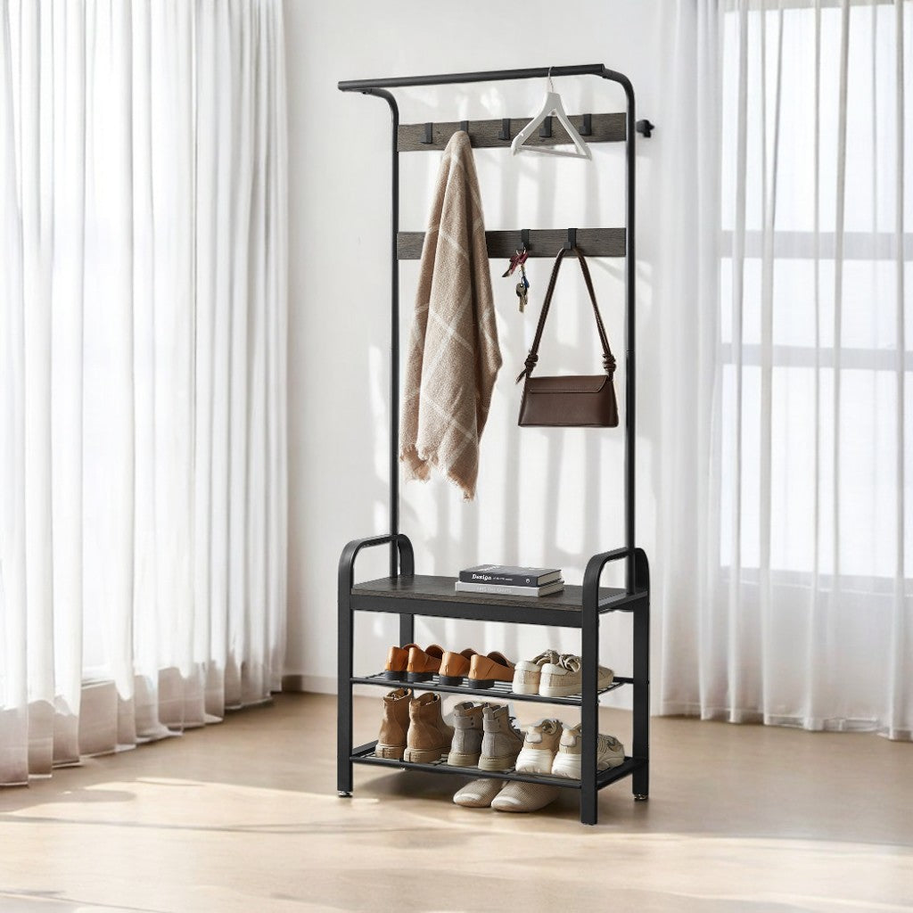 4-in-1 Entryway Hall Tree with Shoe Bench, 9 Hooks, Hanging Rod, Heavy-Duty Coat Rack for Entry Storage, Charcoal Gray and Black