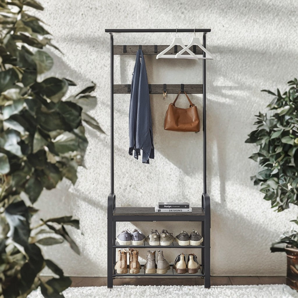 4-in-1 Entryway Hall Tree with Shoe Bench, 9 Hooks, Hanging Rod, Heavy-Duty Coat Rack for Entry Storage, Charcoal Gray and Black