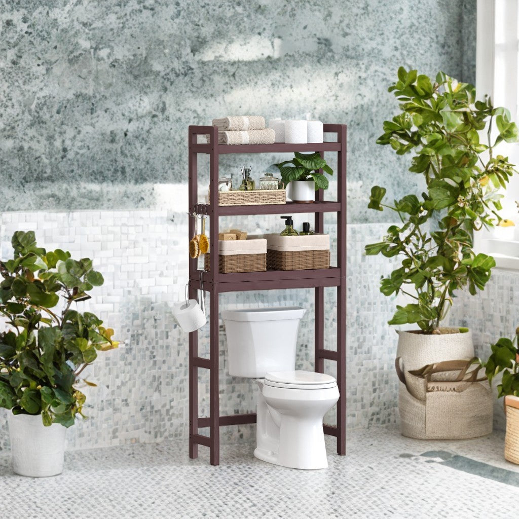 3-Tier Over-The-Toilet Storage Shelf with Adjustable Middle Tier, 4 Hooks & TP Holder,Space-Saving Bathroom Organizer for Towels, Toiletries , Brown