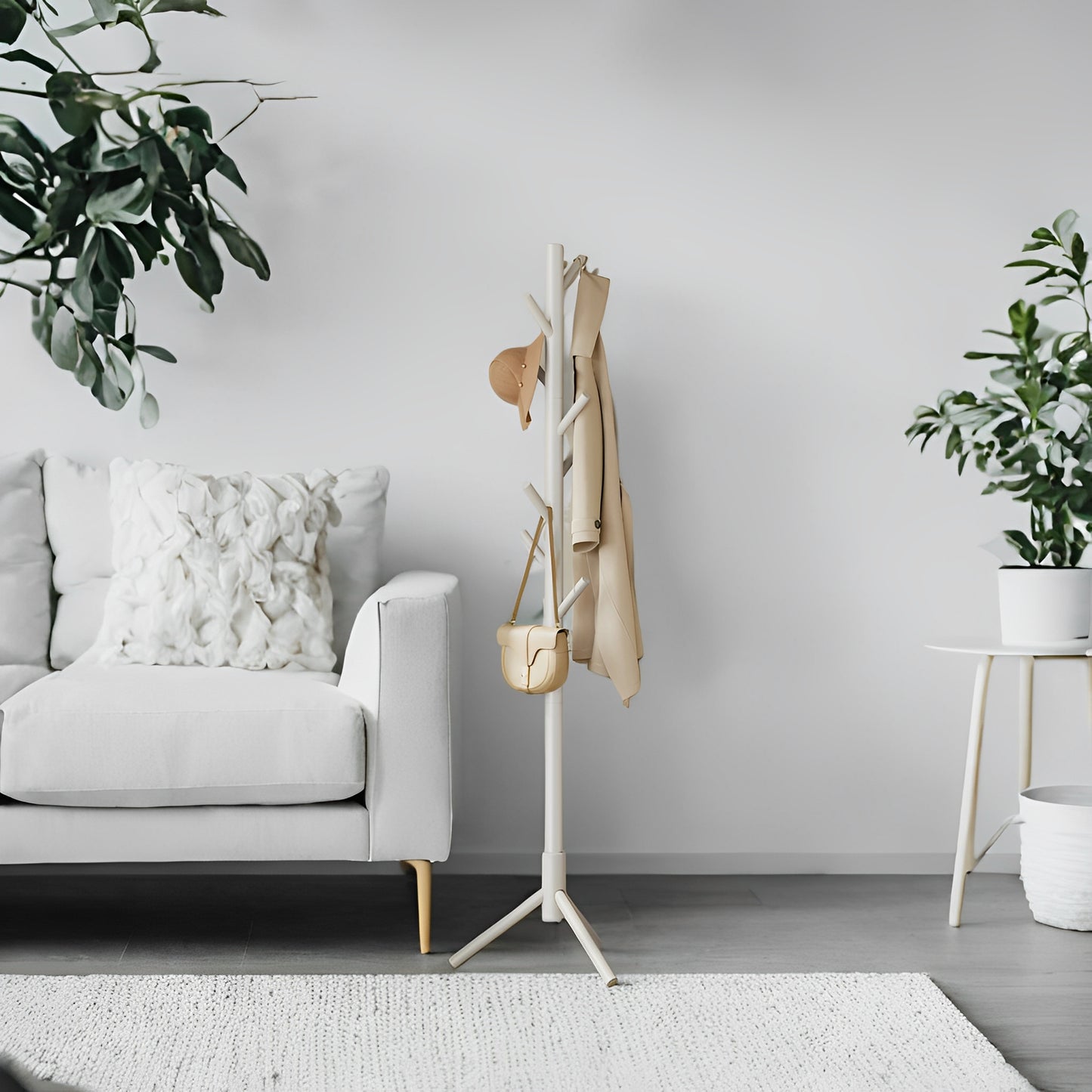 Free-Standing Tree-Shaped Coat Rack – Solid Wood, 8 Hooks, Adjustable Height (3-Section), Sturdy Base, Space-Saving for Hats, Coats & Bags, Cappuccino Beige