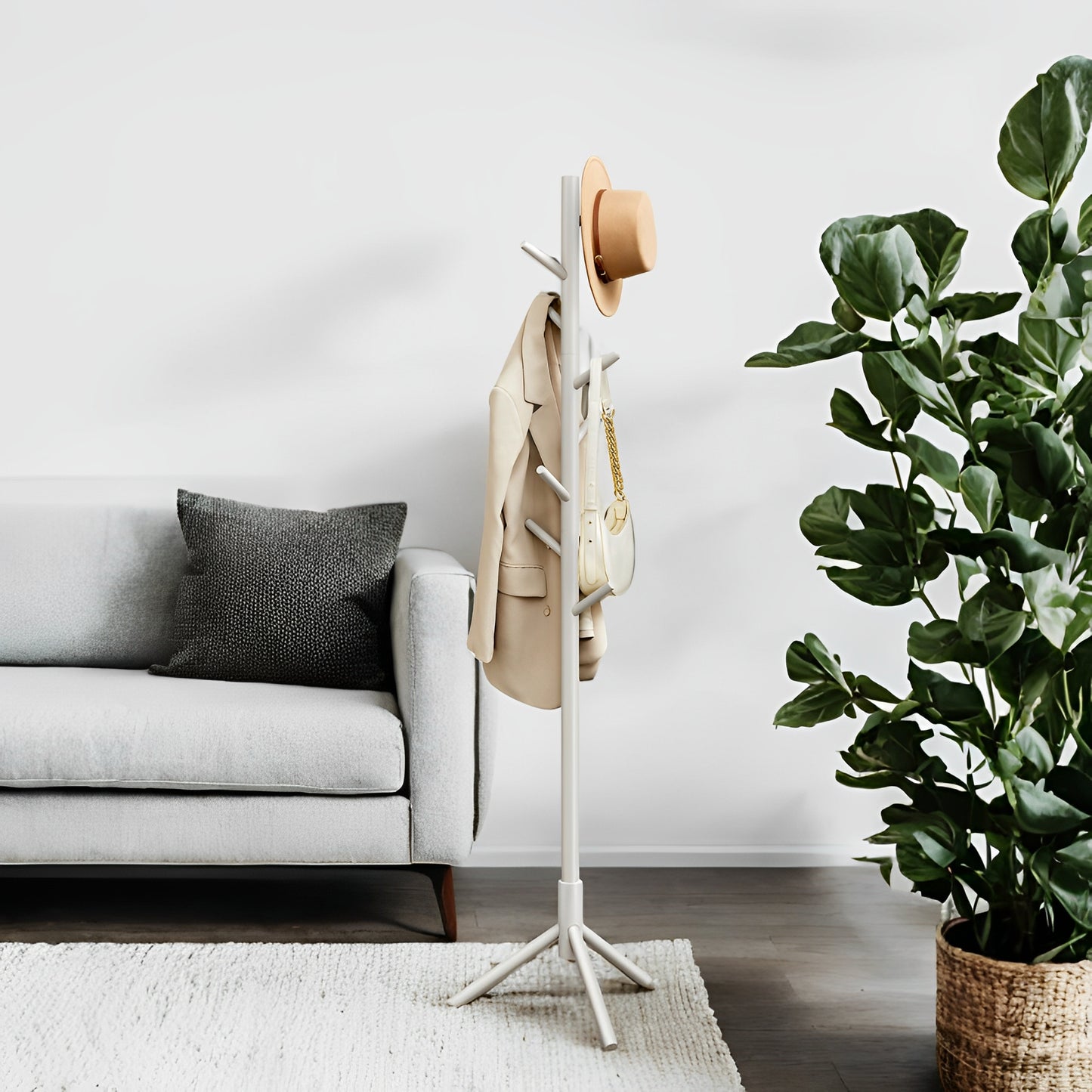 Free-Standing Tree-Shaped Coat Rack – Solid Wood, 8 Hooks, Adjustable Height (3-Section), Sturdy Base, Space-Saving for Hats, Coats & Bags, Cappuccino Beige