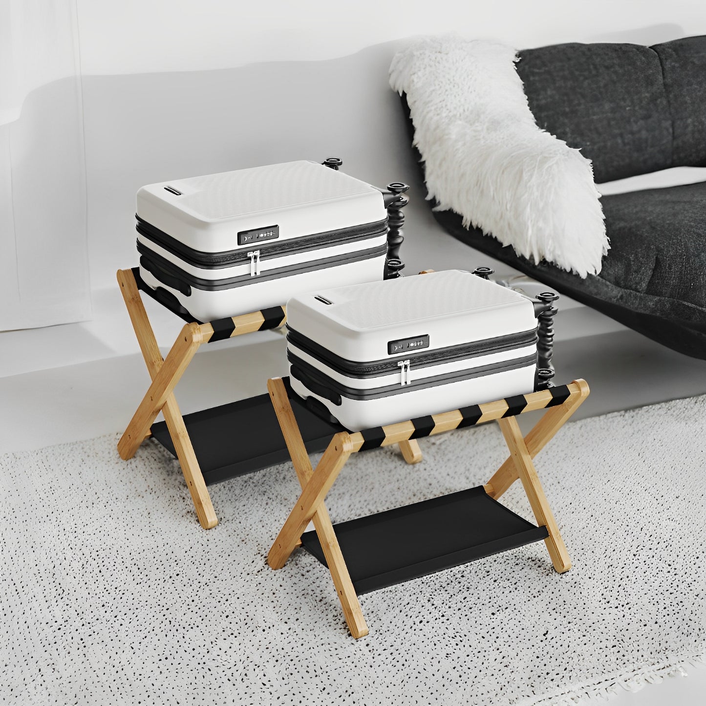 Folding Luggage Rack, Set of 2, Heavy-Duty Suitcase Stand with Storage Shelf & Hook-and-Loop Fastener, for Hotel，Bedroom, Holds 131 lb, Natural Beige