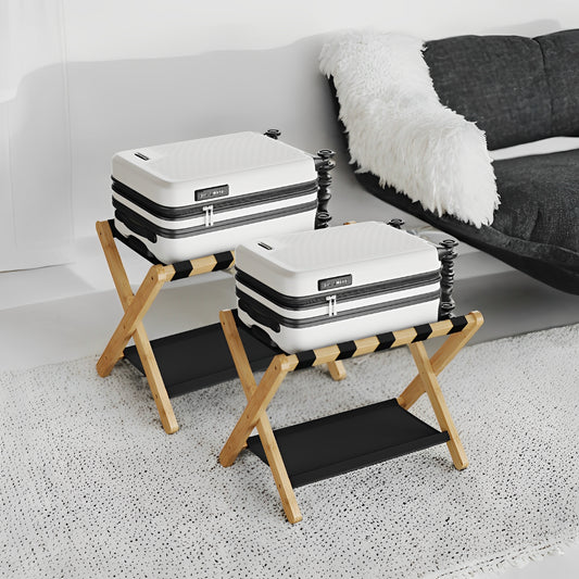 Folding Luggage Rack, Set of 2, Heavy-Duty Suitcase Stand with Storage Shelf & Hook-and-Loop Fastener, for Hotel，Bedroom, Holds 131 lb, Natural Beige