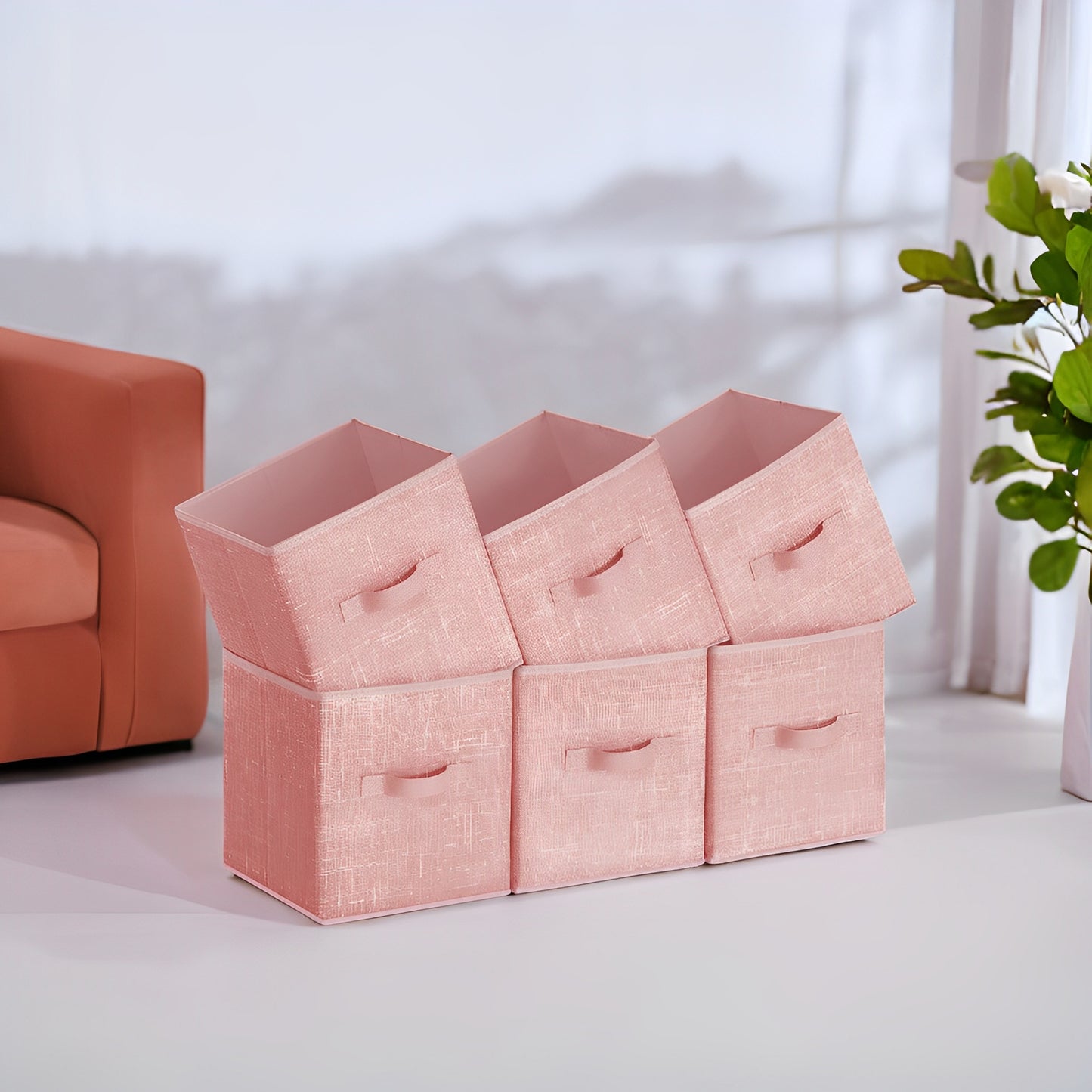 Storage Cube Organizer - 6-Pack Foldable Fabric Bins with Handles, 11" Shelving System for Kids' Toys, Clothes, Jelly Pink