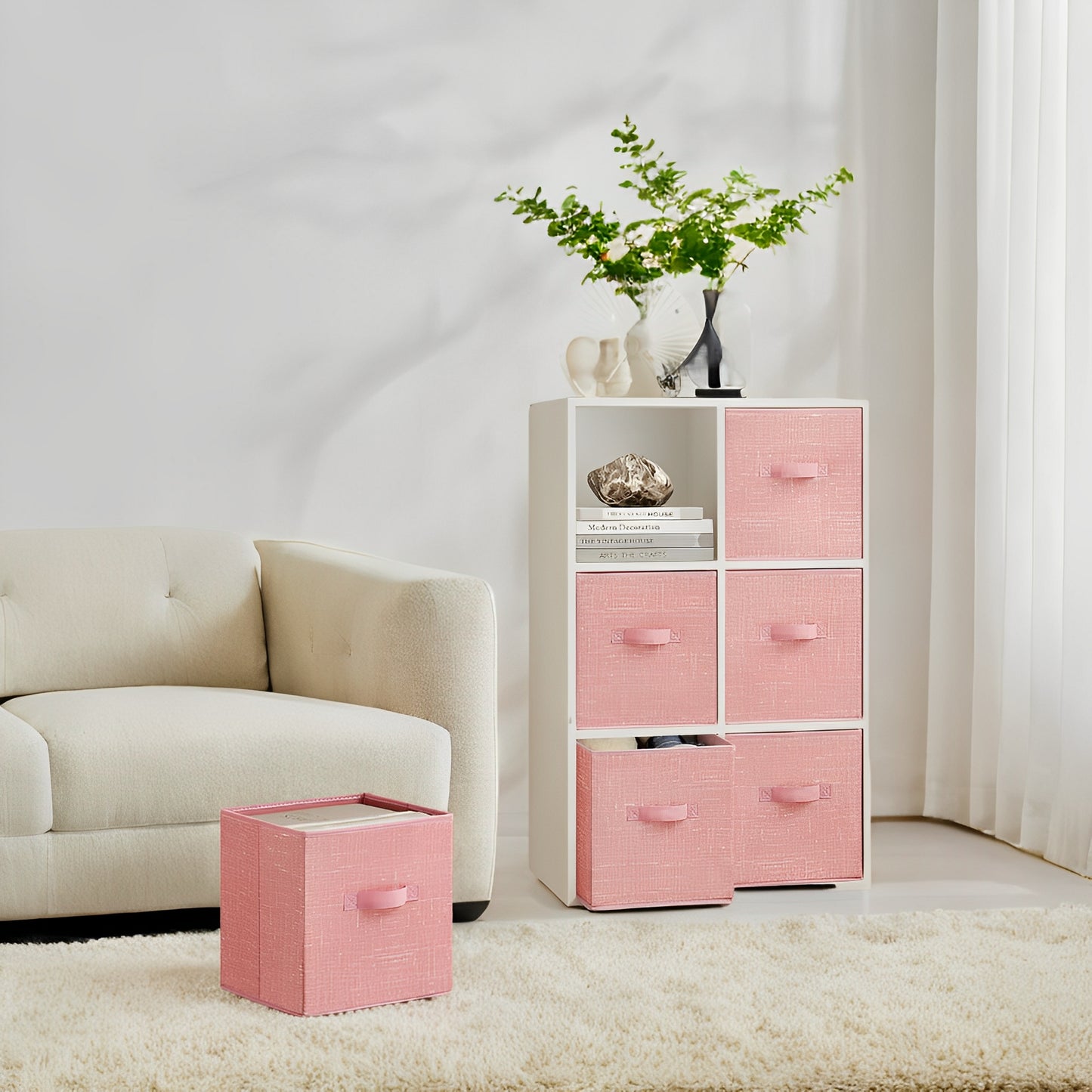 Storage Cube Organizer - 6-Pack Foldable Fabric Bins with Handles, 11" Shelving System for Kids' Toys, Clothes, Jelly Pink