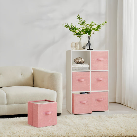 Storage Cube Organizer - 6-Pack Foldable Fabric Bins with Handles, 11" Shelving System for Kids' Toys, Clothes, Jelly Pink