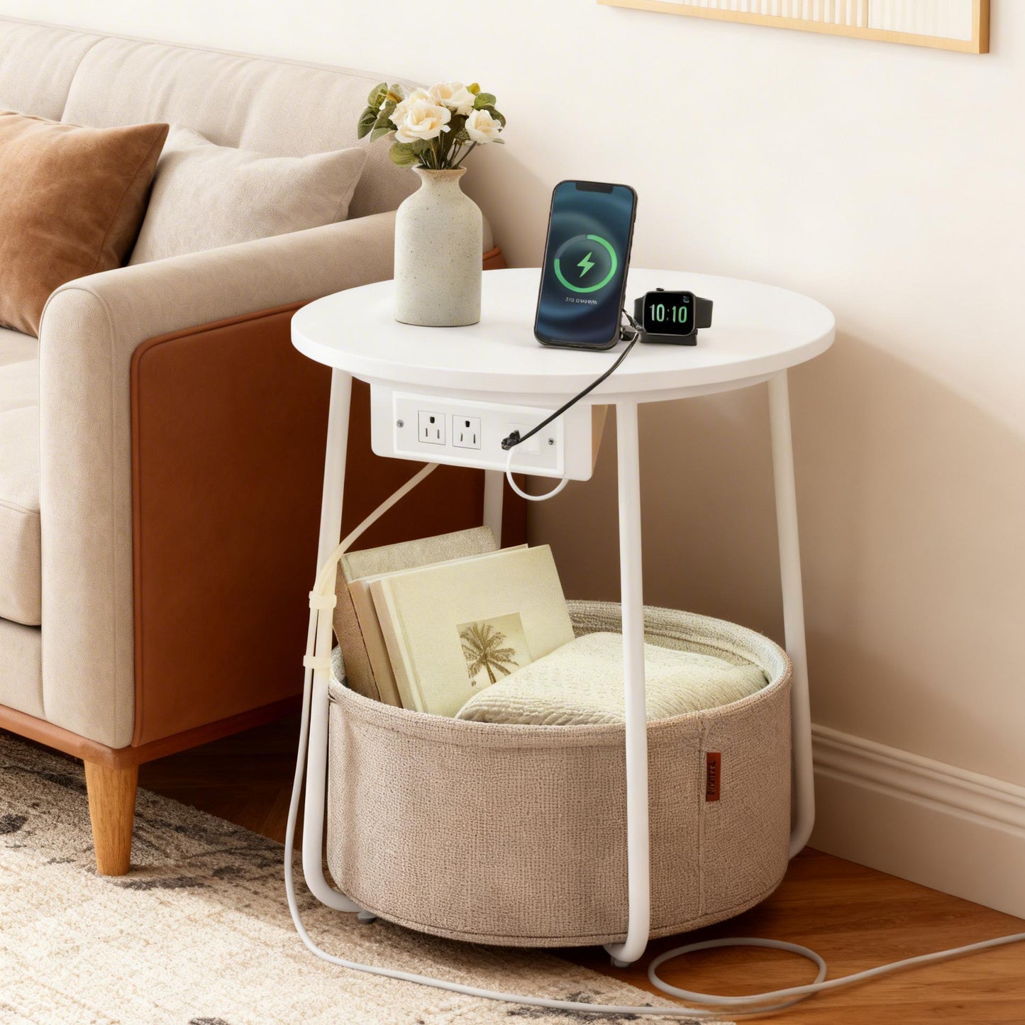 Round Side Table with Charging Station & LED Lights, End Table with Fabric Basket, Modern Nightstand for Living Room, Matte White and Camel Brown
