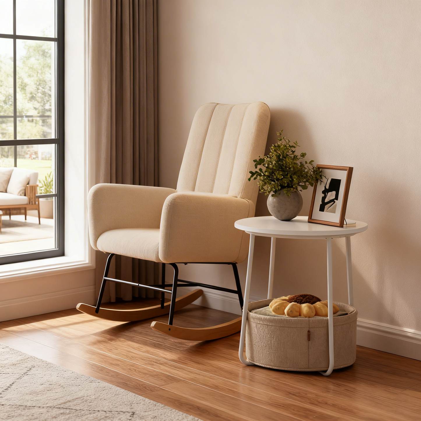 Round Side Table with Charging Station & LED Lights, End Table with Fabric Basket, Modern Nightstand for Living Room, Matte White and Camel Brown