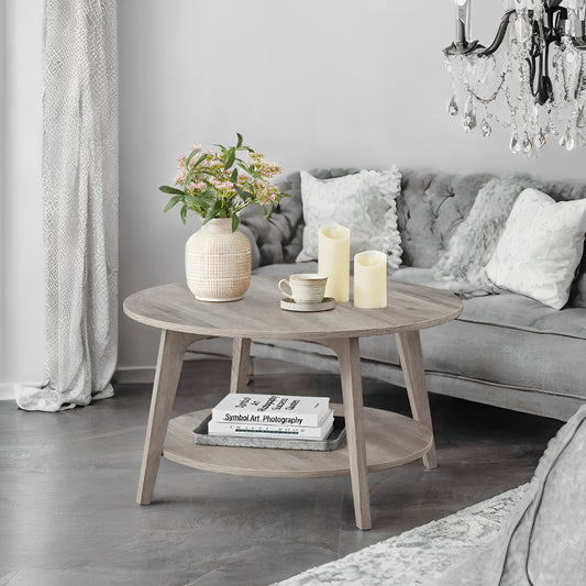 Round Coffee Table with Storage - 2-Tier Design, 66lb Capacity, Quick Assembly, Modern Minimalist Style, Heather Greige
