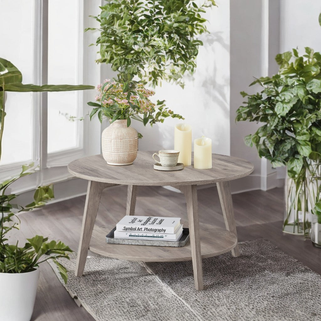 Round Coffee Table with Storage - 2-Tier Design, 66lb Capacity, Quick Assembly, Modern Minimalist Style, Heather Greige