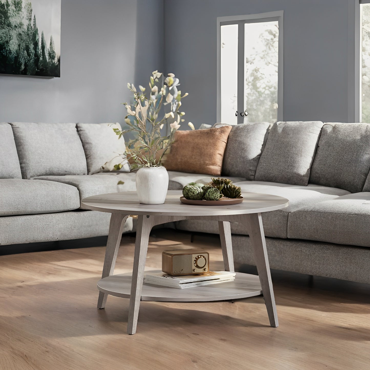 Round Coffee Table with Storage - 2-Tier Design, 66lb Capacity, Quick Assembly, Modern Minimalist Style, Heather Greige