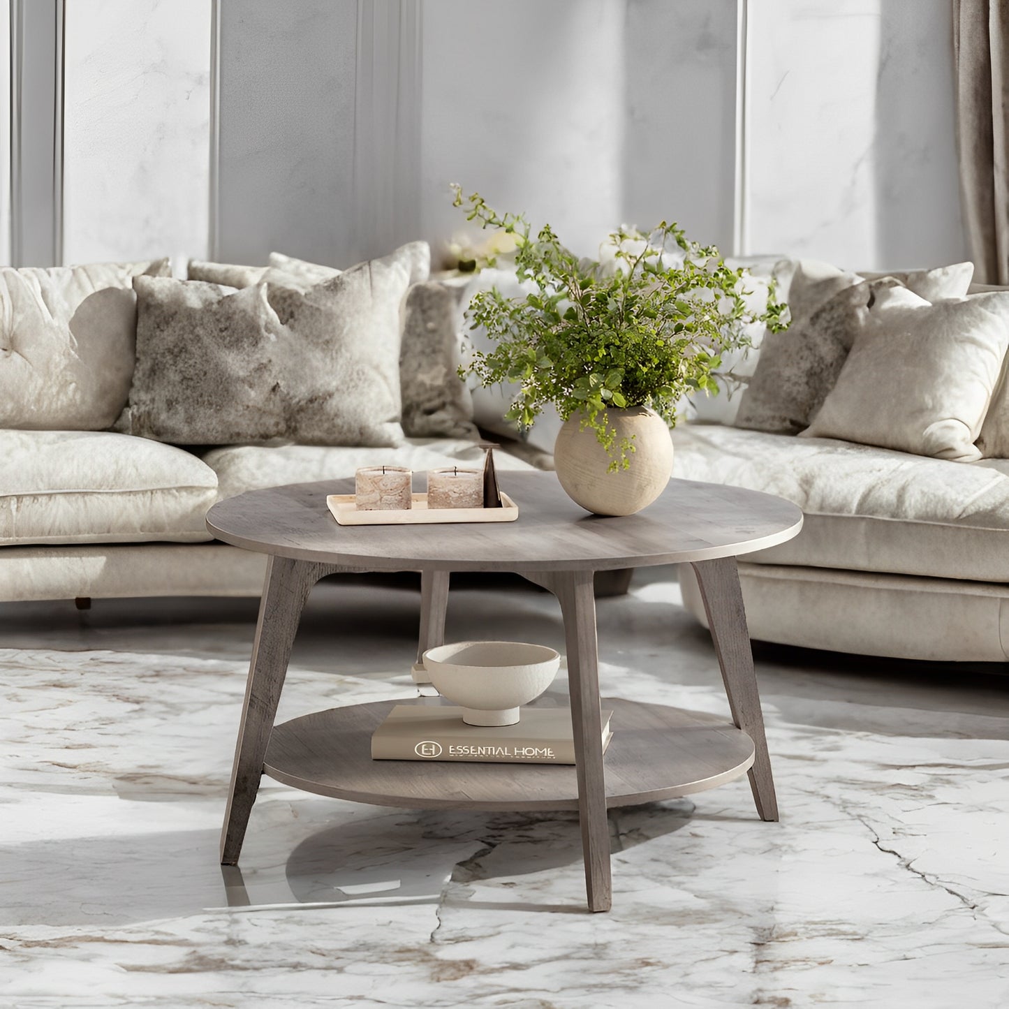 Round Coffee Table with Storage - 2-Tier Design, 66lb Capacity, Quick Assembly, Modern Minimalist Style, Heather Greige