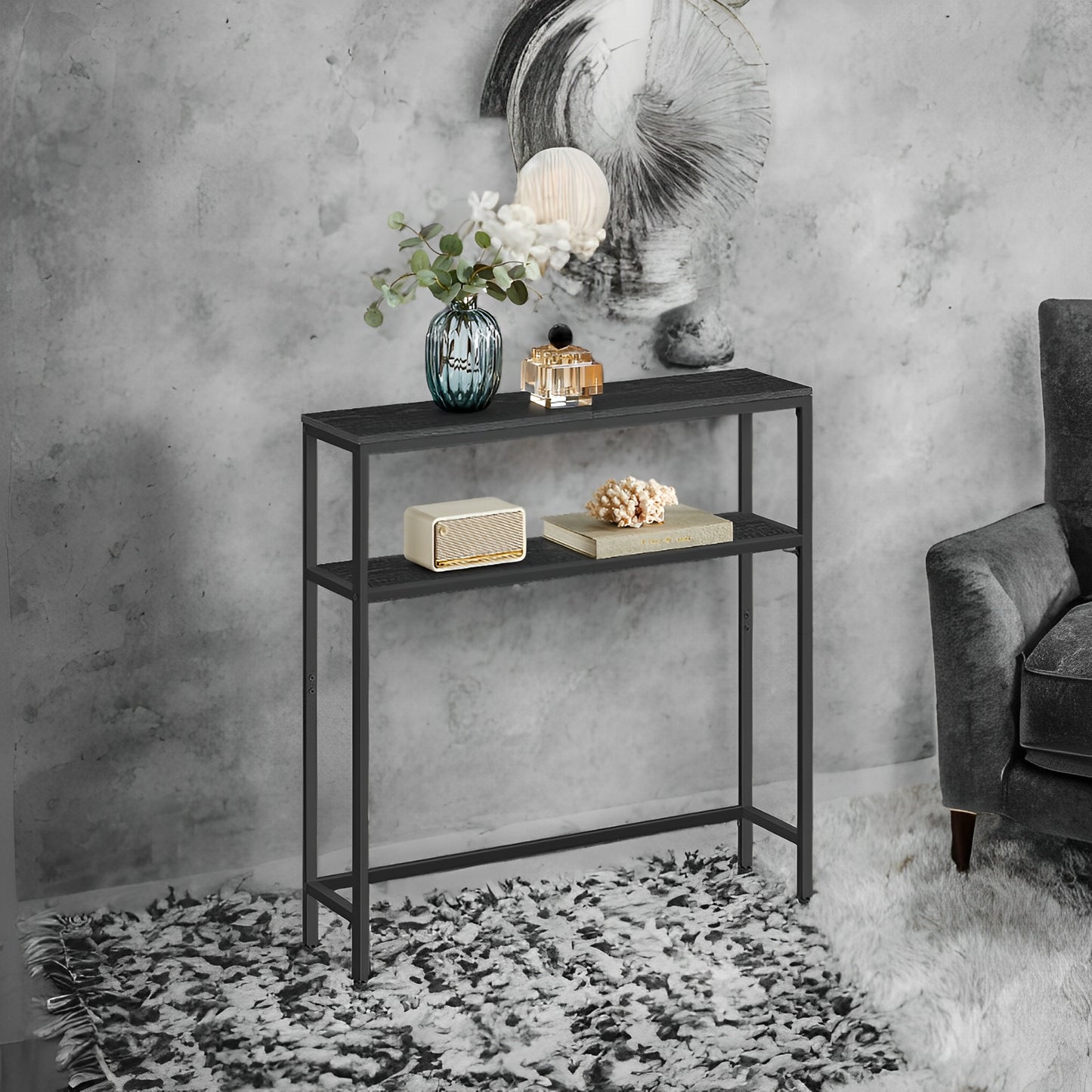 31.5" Modern 2-Tier Console Table, Narrow Sofa Table with Adjustable Feet for Entryway, Living Room, Charcoal Gray and Black