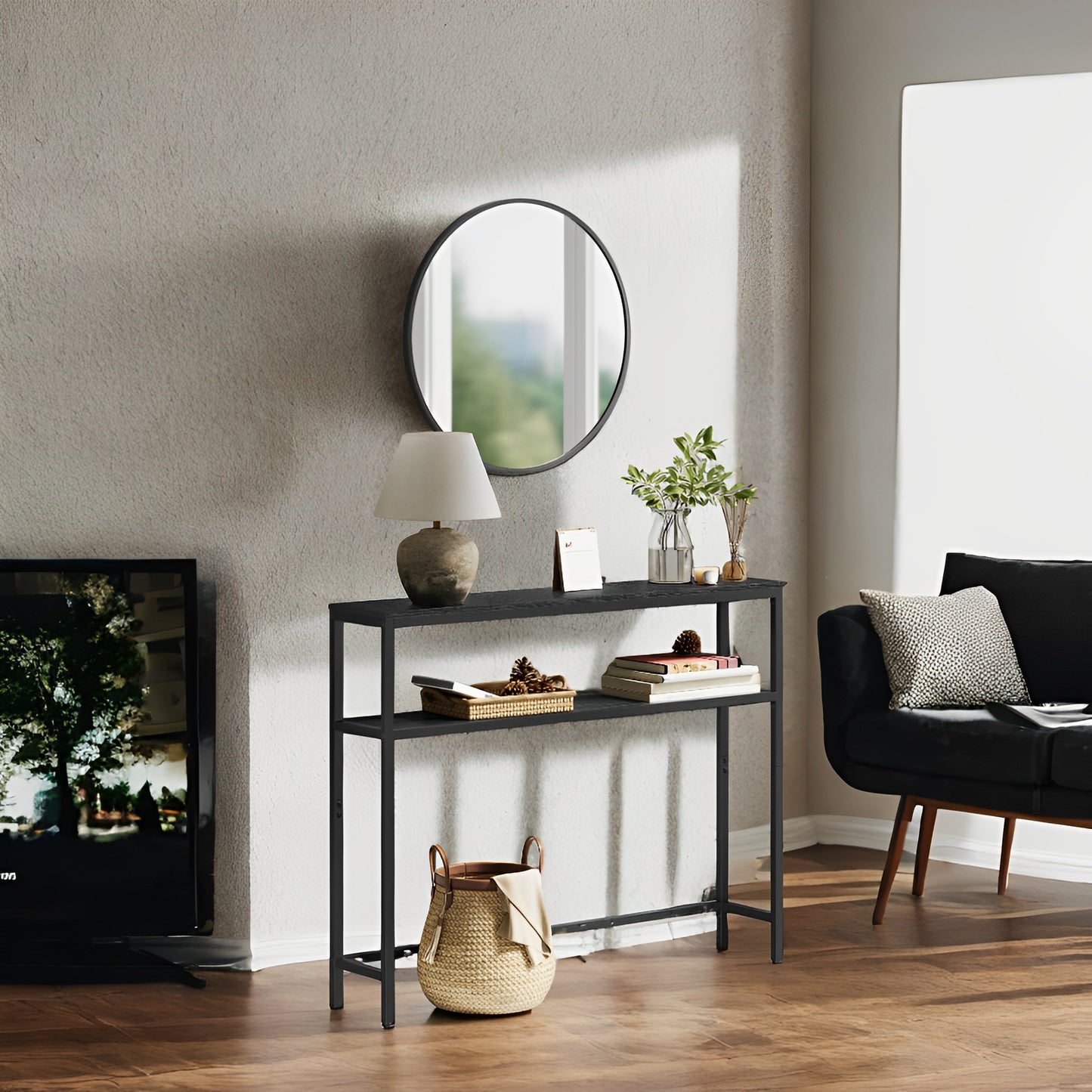 31.5" Modern 2-Tier Console Table, Narrow Sofa Table with Adjustable Feet for Entryway, Living Room, Charcoal Gray and Black