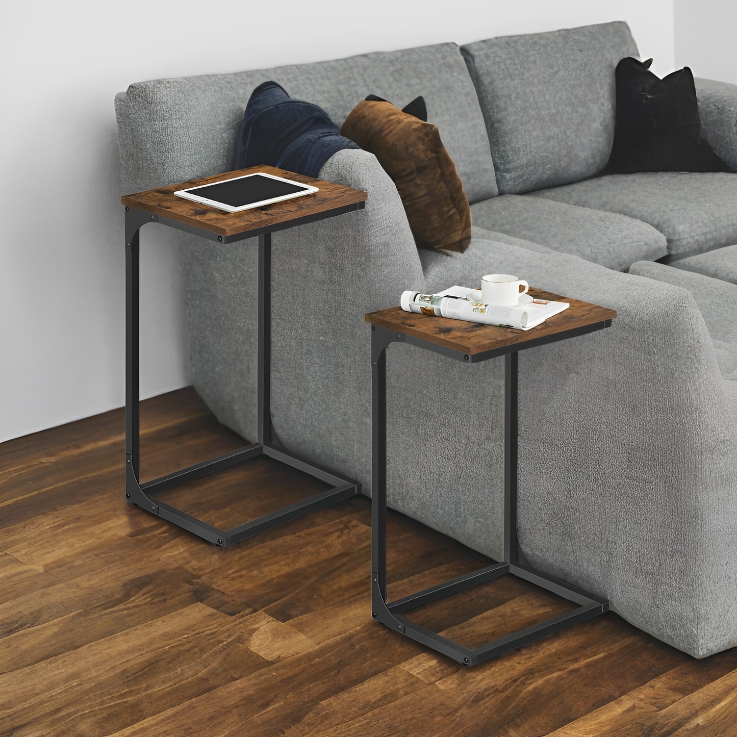 C-Shaped End Table Set of 2 - Sofa Side Tables with Metal Frame, Space-Saving Design, Rustic Brown and Black