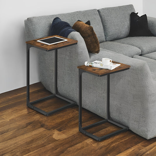C-Shaped End Table Set of 2 - Sofa Side Tables with Metal Frame, Space-Saving Design, Rustic Brown and Black