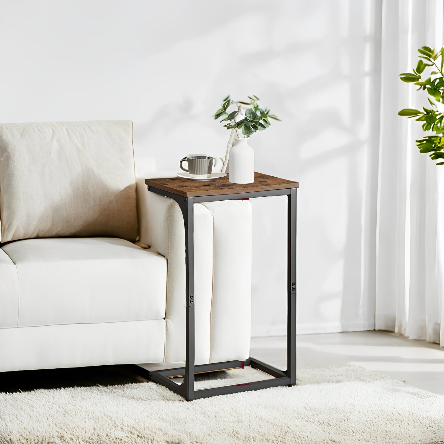 C-Shaped End Table Set of 2 - Sofa Side Tables with Metal Frame, Space-Saving Design, Rustic Brown and Black