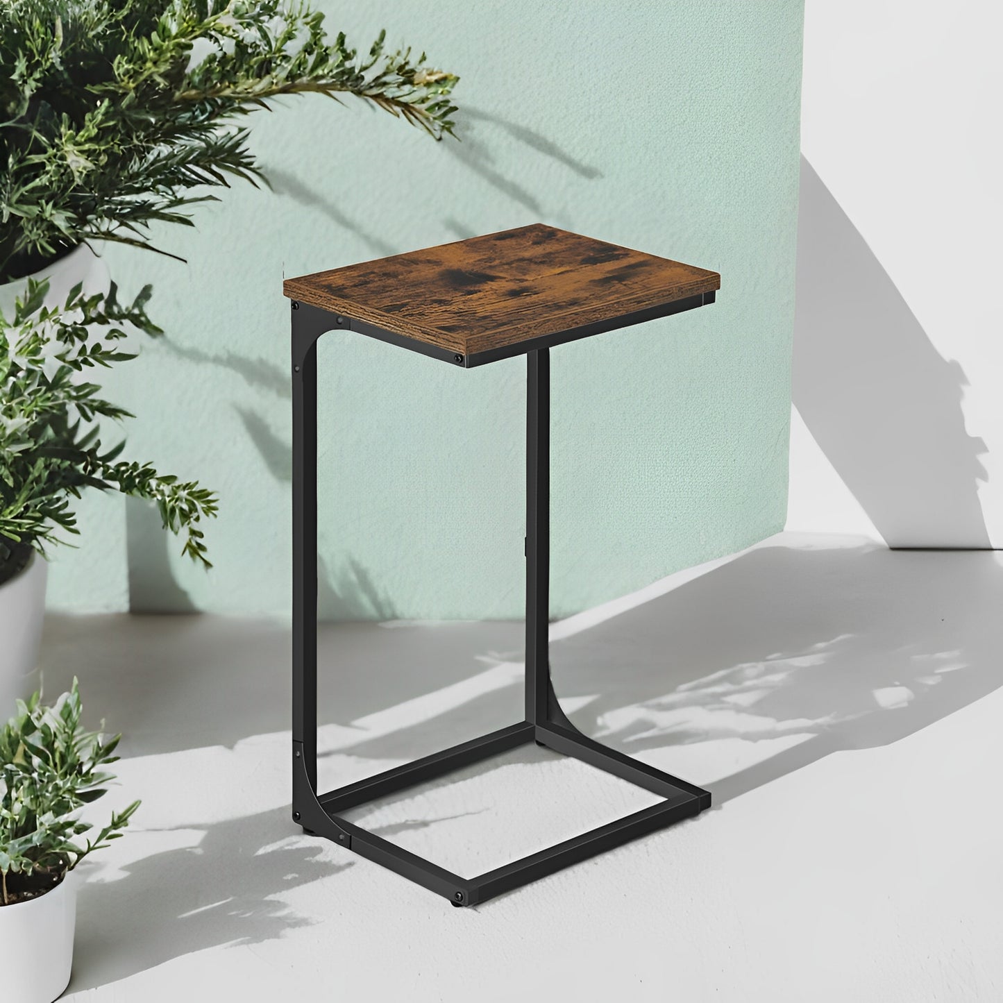 C-Shaped End Table Set of 2 - Sofa Side Tables with Metal Frame, Space-Saving Design, Rustic Brown and Black