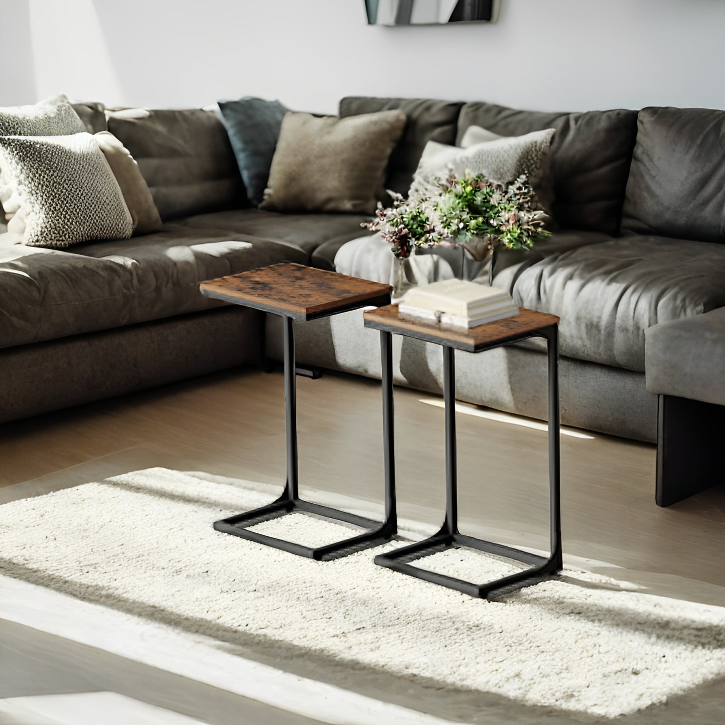 C-Shaped End Table Set of 2 - Sofa Side Tables with Metal Frame, Space-Saving Design, Rustic Brown and Black