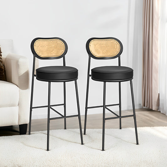 Set of 2 Modern Bar Stools with Rattan Back & Metal Legs, 30.1-Inch Tall Leather Upholstered Counter Stools for Kitchen Island, Brown