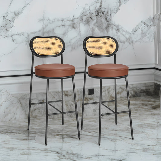 Modern Bar Stools Set of 2 with Rattan Back & Metal Base, 30.1 Inch Tall Leather Upholstered Counter Stools, Brown