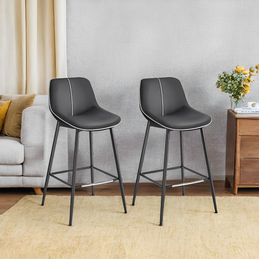 Set of 2 Bar Stools with Backrest, Ergonomic Design & Metal Legs, Synthetic Leather Upholstery, 28.7-Inch Counter Height Stools, Black